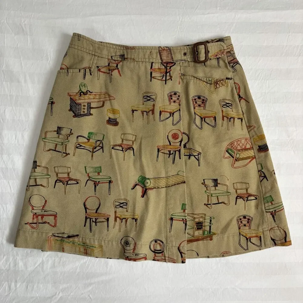 Anthropologie 9-H15 Stcl Wrap Skirt Size 4 Chair Print Cotton Novelty EUC